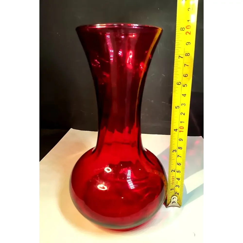 2118. Vintage Cranberry or Ruby Red Glass Vase 8 Inches Bulbous Base